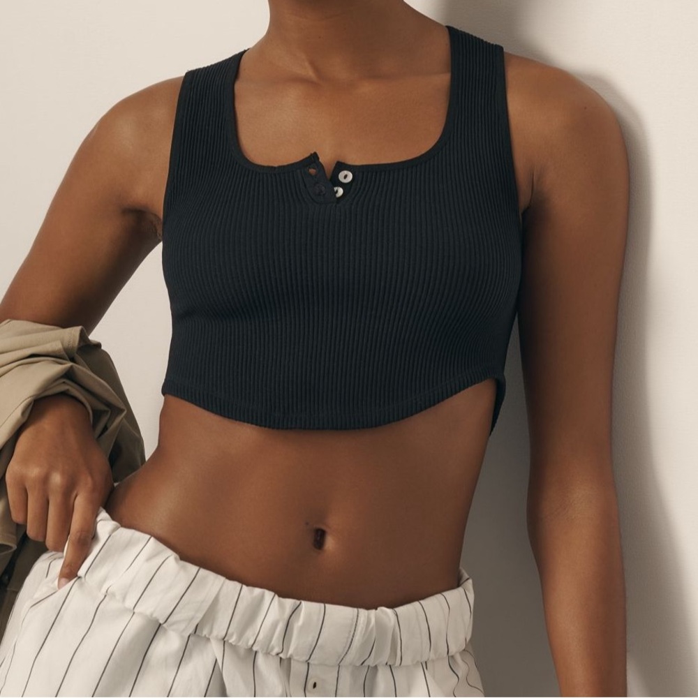 Anthropologie Seamless Henley Black Crop Top Size L/XL